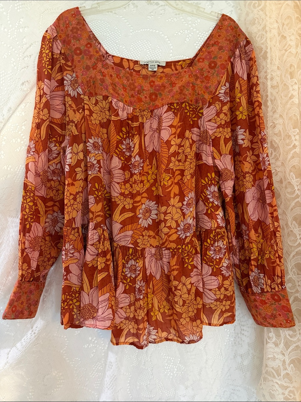 American Eagle Outfitters Floral Peasant Blouse - Rust & Pink